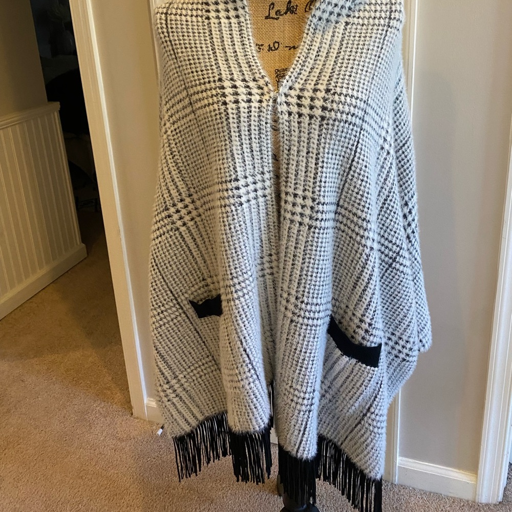 Chico's Monochrome Plaid Fringe Cover-Up